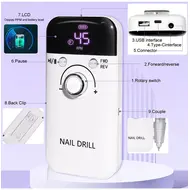 ​45000RPM Electric Nail Drill Machine Professional Nail Drills for Gel Nails Polish Rechargeable Portable Nail File Manicure Tool - White 303