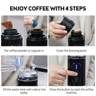 ​Portable Electric Espresso Coffee Machine Cordless 18Bar 2 IN 1 Coffee Maker with Powder Capsule Bin 2500mAh Battery Auto Brew & Single Serve - White 448