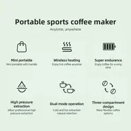 ​Portable Electric Espresso Coffee Machine Cordless 3oz Single Serve Mini Maker with 3 IN 1 Coffee Powder/N/DG Capsule 20Bar Pump Rechargeable 9600mAh Battery for Heat and Cold Brew - White 445