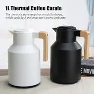 ​1L Thermal Coffee Mug Double Walled Thermal Mug Thermos Jug with Wood Handle Water Kettle Insulated Pitcher Tea Mug Keeps Hot Cold - White 522