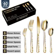 ​40PCS Stainless Steel Silverware Set Mirror Polished Cutlery Flatware with Flower Pattern 8 Knives 8 Forks 8 Spoons 8 Tea Forks 8 Teaspoons for Kitchen Restaurant Party 489