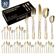 ​40PCS Stainless Steel Silverware Set Mirror Polished Cutlery Flatware with Flower Pattern 8 Knives 8 Forks 8 Spoons 8 Tea Forks 8 Teaspoons for Kitchen Restaurant Party 489
