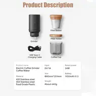 Electric Burr Coffee Grinder 24W Portable USB Rechargeable 25 Gears Adjustable Burr Mill with Stainless Steel Core & Cleaning Brush 465