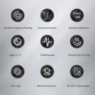 ​Electric Gooseneck Kettle 1200W Stainless Steel NTC Temp Control LCD Display Auto Shut Off 0.9L Pour Over Coffee  Tea Boiler 479