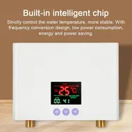 Electric Mini Tankless Water Heater 3KW Wall Mounted with LED Display 3 Speed Temperature Adjustment Remote Control for Home Kitchen Bathroom - 	Gold 546