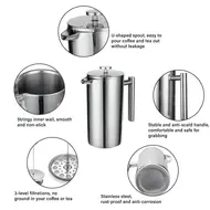 ​French Press 304 Stainless Steel Thermal Coffee Maker Tea Maker 800ML 3 Filters Anti-scald Handle Rustproof Coffee Press 480