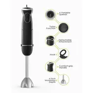 ​Homgeek 500W Immersion Hand Blender 3 in 1 6 Speed Electric Stick with Turbo Stainless Steel Whisk & Milk Frother Attachments Black 490