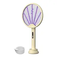 ​2 in 1 Electric Fly Swatter Racket & Intelligent Bug Zapper with USB Rechargeable Base - Yellow 609