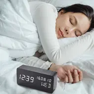 Desk Wooden Alarm Clock with Voice Control - 2Pcs - Black 626