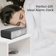 Digital Bedroom Alarm Clock with Wireless Charger for Phone Headset Thermometer Temperature Date Display 3 Alarms 12 / 24H LED Mirror Screen USB Charger for Bedroom Desk Office - 2Pcs - Silver 629