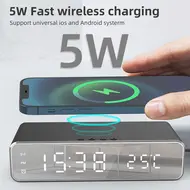 Digital Bedroom Alarm Clock with Wireless Charger for Phone Headset Thermometer Temperature Date Display 3 Alarms 12 / 24H LED Mirror Screen USB Charger for Bedroom Desk Office - 2Pcs - Silver 629