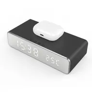 Digital Bedroom Alarm Clock with Wireless Charger for Phone Headset Thermometer Temperature Date Display 3 Alarms 12 / 24H LED Mirror Screen USB Charger for Bedroom Desk Office - 2Pcs - Silver 629