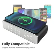Digital Bedroom Alarm Clock with Wireless Charger for Phone Headset Thermometer Temperature Date Display 3 Alarms 12 / 24H LED Mirror Screen USB Charger for Bedroom Desk Office - 2Pcs - Silver 629