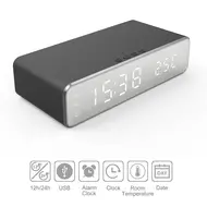 Digital Bedroom Alarm Clock with Wireless Charger for Phone Headset Thermometer Temperature Date Display 3 Alarms 12 / 24H LED Mirror Screen USB Charger for Bedroom Desk Office - 2Pcs - Silver 629