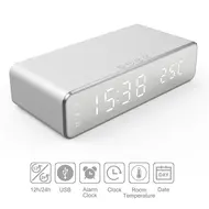 Digital Bedroom Alarm Clock with Wireless Charger for Phone Headset Thermometer Temperature Date Display 3 Alarms 12 / 24H LED Mirror Screen USB Charger for Bedroom Desk Office - 2Pcs - Silver 629