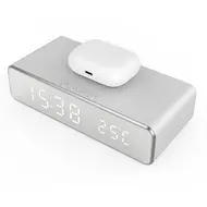 Digital Bedroom Alarm Clock with Wireless Charger for Phone Headset Thermometer Temperature Date Display 3 Alarms 12 / 24H LED Mirror Screen USB Charger for Bedroom Desk Office - 2Pcs - Silver 629