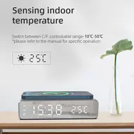 Digital Bedroom Alarm Clock with Wireless Charger for Phone Headset Thermometer Temperature Date Display 3 Alarms 12 / 24H LED Mirror Screen USB Charger for Bedroom Desk Office - 2Pcs - Silver 629