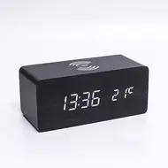 ​Digital Wooden Alarm Clock Electronic LED Time Display for Bedroom 10W Wireless Charge 3 Alarm Settings Date&Temp Display  - Brown 622