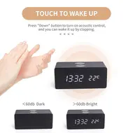 ​Digital Wooden Alarm Clock Electronic LED Time Display for Bedroom 10W Wireless Charge 3 Alarm Settings Date&Temp Display  - Brown 622