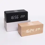 ​Digital Wooden Alarm Clock Electronic LED Time Display for Bedroom 10W Wireless Charge 3 Alarm Settings Date&Temp Display  - Brown 622