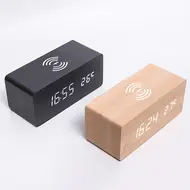 ​Digital Wooden Alarm Clock Electronic LED Time Display for Bedroom 10W Wireless Charge 3 Alarm Settings Date&Temp Display  - Brown 622