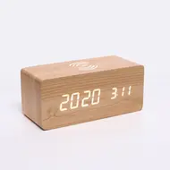 ​Digital Wooden Alarm Clock Electronic LED Time Display for Bedroom 10W Wireless Charge 3 Alarm Settings Date&Temp Display  - Brown 622