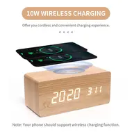 ​Digital Wooden Alarm Clock Electronic LED Time Display for Bedroom 10W Wireless Charge 3 Alarm Settings Date&Temp Display  - Brown 622