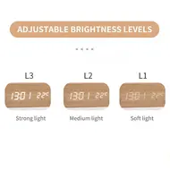 ​Digital Wooden Alarm Clock Electronic LED Time Display for Bedroom 10W Wireless Charge 3 Alarm Settings Date&Temp Display  - Brown 622