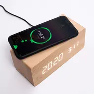 ​Digital Wooden Alarm Clock Electronic LED Time Display for Bedroom 10W Wireless Charge 3 Alarm Settings Date&Temp Display  - Brown 622