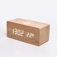 ​Digital Wooden Alarm Clock Electronic LED Time Display for Bedroom 10W Wireless Charge 3 Alarm Settings Date&Temp Display  - Brown 622