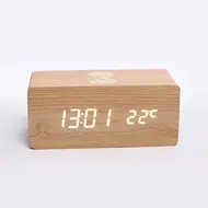 ​Digital Wooden Alarm Clock Electronic LED Time Display for Bedroom 10W Wireless Charge 3 Alarm Settings Date&Temp Display  - Brown 622