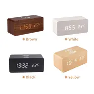​Digital Wooden Alarm Clock Electronic LED Time Display for Bedroom 10W Wireless Charge 3 Alarm Settings Date&Temp Display  - Brown 622