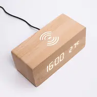 ​Digital Wooden Alarm Clock Electronic LED Time Display for Bedroom 10W Wireless Charge 3 Alarm Settings Date&Temp Display  - Brown 622
