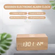 ​Digital Wooden Alarm Clock Electronic LED Time Display for Bedroom 10W Wireless Charge 3 Alarm Settings Date&Temp Display  - Brown 622