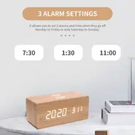 ​Digital Wooden Alarm Clock Electronic LED Time Display for Bedroom 10W Wireless Charge 3 Alarm Settings Date&Temp Display  - Brown 622