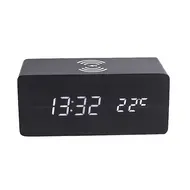 ​Digital Wooden Alarm Clock Electronic LED Time Display for Bedroom 10W Wireless Charge 3 Alarm Settings Date&Temp Display  - Brown 622