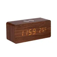 ​Digital Wooden Alarm Clock Electronic LED Time Display for Bedroom 10W Wireless Charge 3 Alarm Settings Date&Temp Display  - Brown 622