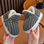 New Winter Concise Stripe Plush Slippers Children's Non-slip Soft Sole Kids Boys Girls Heel Wrap Warm High Home Cotton Shoes 954