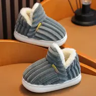 New Winter Concise Stripe Plush Slippers Children's Non-slip Soft Sole Kids Boys Girls Heel Wrap Warm High Home Cotton Shoes 954