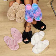 Popular Cross Furry Slippers Female Fluffy Slides Autumn Winter Outdoor Fashion Sexy EVA Light Flip Flops Sweat Soft Flat Shoes 958