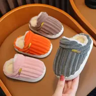 2025 New Winter Concise Stripe Plush Slippers Children's Non-slip Soft Sole Kids Boys Girls Heel Wrap Warm High Home Cotton Shoes 955