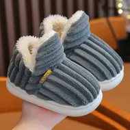 New Winter Concise Stripe Plush Slippers Children's Non-slip Soft Sole Kids Boys Girls Heel Wrap Warm High Home Cotton Shoes 954