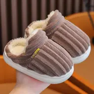 2025 New Winter Concise Stripe Plush Slippers Children's Non-slip Soft Sole Kids Boys Girls Heel Wrap Warm High Home Cotton Shoes 955