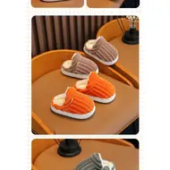 2025 New Winter Concise Stripe Plush Slippers Children's Non-slip Soft Sole Kids Boys Girls Heel Wrap Warm High Home Cotton Shoes 955