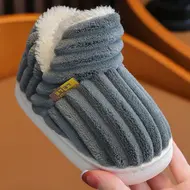 New Winter Concise Stripe Plush Slippers Children's Non-slip Soft Sole Kids Boys Girls Heel Wrap Warm High Home Cotton Shoes 954