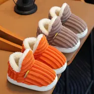 New Winter Concise Stripe Plush Slippers Children's Non-slip Soft Sole Kids Boys Girls Heel Wrap Warm High Home Cotton Shoes 954