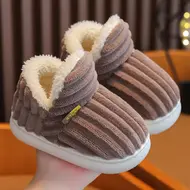 New Winter Concise Stripe Plush Slippers Children's Non-slip Soft Sole Kids Boys Girls Heel Wrap Warm High Home Cotton Shoes 954