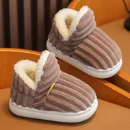 New Winter Concise Stripe Plush Slippers Children's Non-slip Soft Sole Kids Boys Girls Heel Wrap Warm High Home Cotton Shoes 954