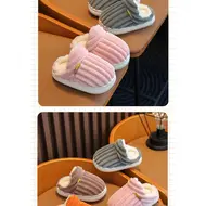 2025 New Winter Concise Stripe Plush Slippers Children's Non-slip Soft Sole Kids Boys Girls Heel Wrap Warm High Home Cotton Shoes 955