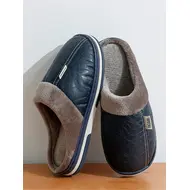 Big Size Winter Casual Men's Slippers Indoor Waterproof PU Leather Home Shoes Fur Flat Warm Fashion Bedroom Houseshoes 975